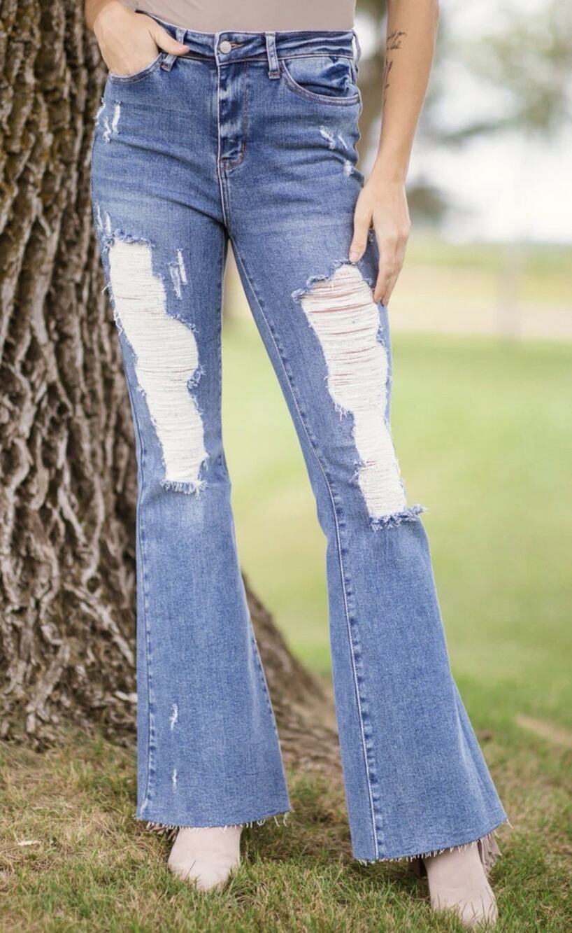 Judy Blue 5 27 High Rise distressed Flare Jeans slimming bohemian western NWT
